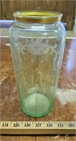 10" T Signed Etched Gilt Uranium Glass Vase