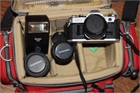 Canon AE-1 camera, 2 Quantaray lenses, filters