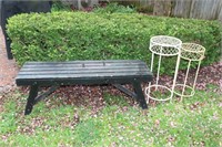 Wooden garden bench and 2 plant stands