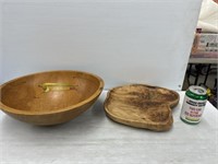 Two wooden pieces includes carved bowl and
