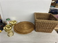 Wicker items and decorative fake gold candleholder
