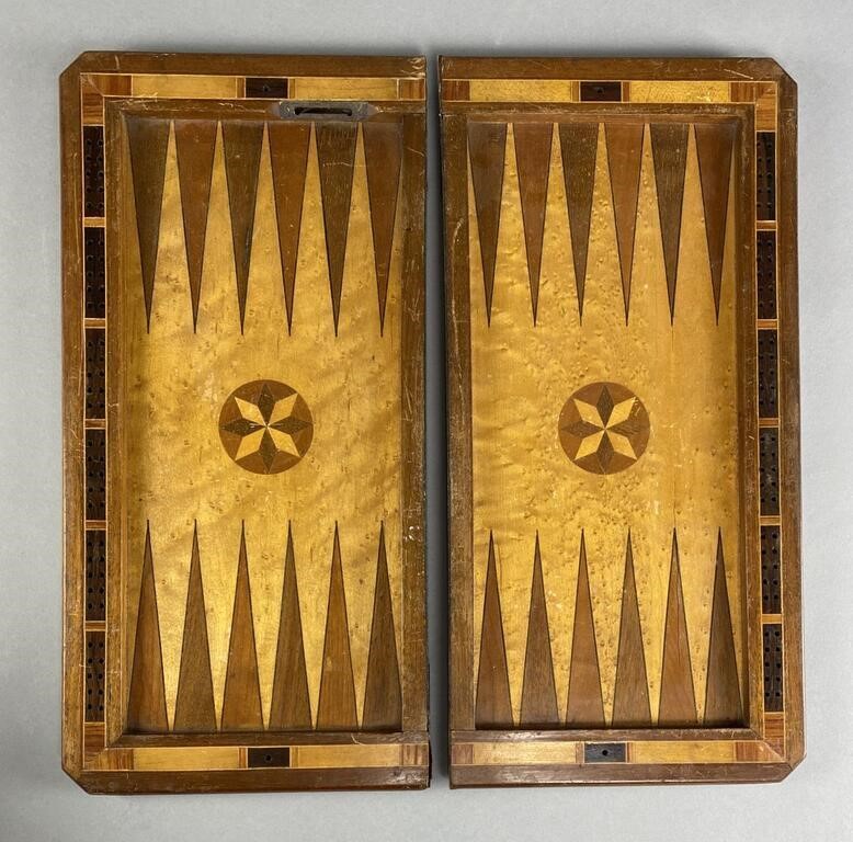 Antique Marquetry Chess Backgammon Board