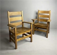 Pair Stickley Arts and Crafts Oak Arm Chairs
