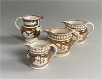 Four Early 19th C. Pink Copper Lustreware Pitchers