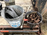 2 Pails, Cable, Misc Horse Bits, 3 Tire Irons