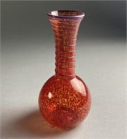 Signed Red Art Glass Vase Applied Decoration