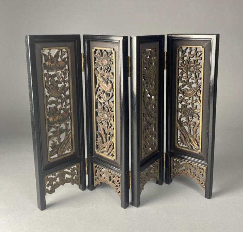 Chinese Table Screen Carved Gilt & Lacquered Wood