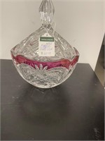 Cranberry crystal candy dish with lid
