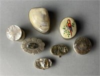7 Mexican Silver Abalone & Shell Pillboxes
