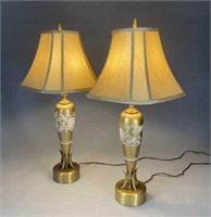 Pair mid 20th C Brass and Gold Glass Table Lamps