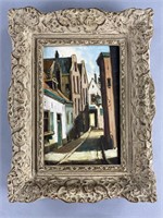 Midcentury European Street Scene Oil Painting