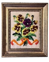 Framed Pansy Crewel Embroidery