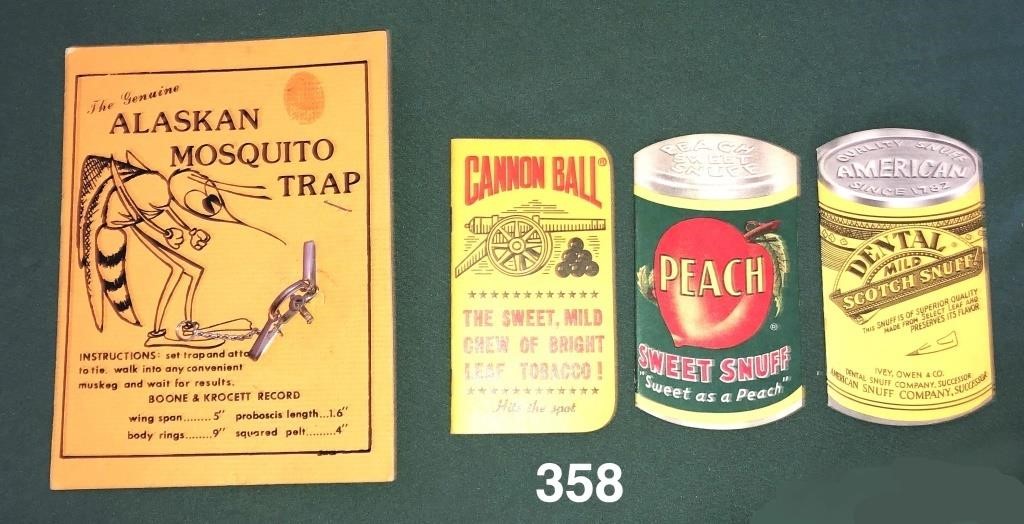 ALASKA MOSQUITO TRAP tie clip & 3 tobacco advertis