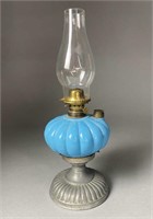 Antique Blue Opalescent Glass & Metal Oil Lamp