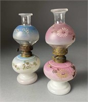 Two Mini Oil Lamps Hand Painted Milk Glass 1880s