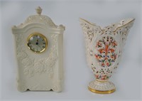 Two Bisque Porcelain Pieces Lenox Clock, Vase