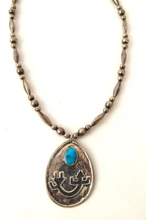 Navajo Silver necklace w/ turquoise art pendant