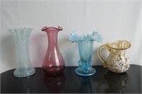 Four  Ruffled Hand Blown Art Glass Vases