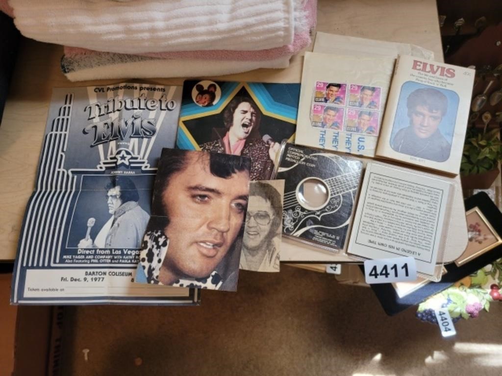 LOT OF ELVIS COLLECTIBLES, STAMPS, RECORD, PICTURS