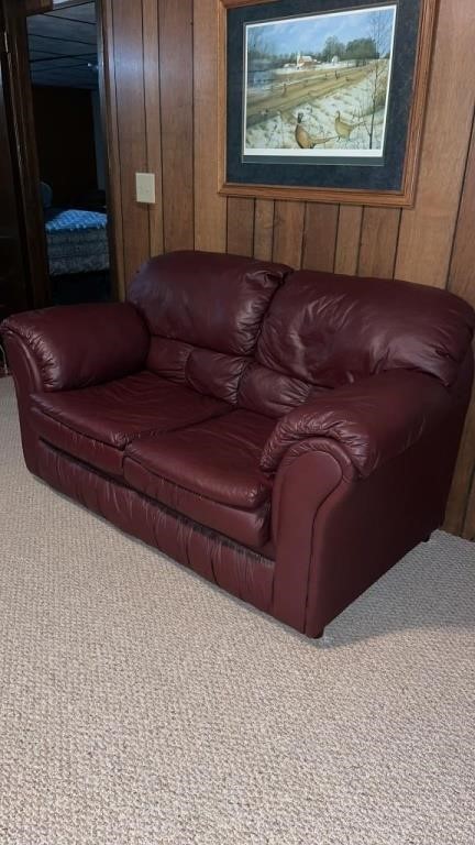 Burgundy, leather loveseat