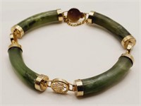 (V) Green Jade and Goldtone Bracelet  (7" long)