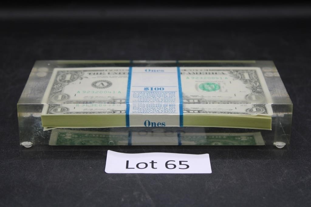 1969 $100 Bundle Of One Dollar Bills Paperweight