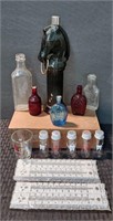 Vtg Bottles/Shot Glass/Wood Box/Thermometers