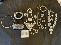 Silver Tone & Rhinestone Necklaces Earrings Rings