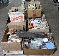 (M) Pallet With Saws, Books , Glass ware , Dolls