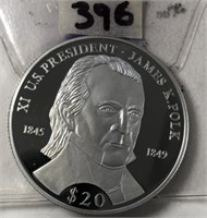 James K Polk Silver $20 Coin 20g. .999 Silver-