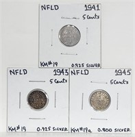 Newfoundland Silver 5 Cents 1941 1943 1945