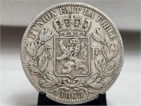 1868 Belgium Silver 5 Francs Leopold III