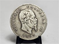 1869 Italy Milan Silver 5 Lire Vittorio Emmanuel I