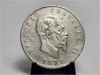 1871 Italy Milan Silver 5 Lire Vittorio Emmanuel I