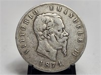 1874 Italy Milan Silver 5 Lire Vittorio Emmanuel I