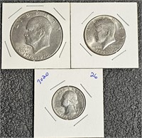 3 Coins from 1976 Bi Centennial Ike, 1/2, & 1/4 $