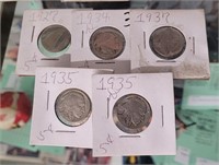 (5) Buffalo Head Nickels 1927 1934D 1935 1935D 193