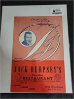 Jack Dempsey's Restaurant menu PSA LOA, Raquel