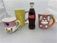 3 Mismatched Coffee Cups & Coca Cola Bottle