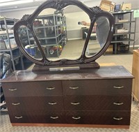 (6) Drawer Long Burgundy Dresser W/ Mirror