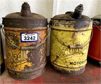 2 Antique Metal Red Head 5 Gallon Oil Pail with