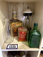 Antique tins(tea) glass containers