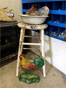Wooden Stool, cast iron rooster and