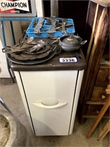 Enamel Cookstove with handles, Silver Utensils, &
