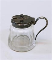 Vtg Silver Plate Lid & Glass Mustard Jar w/Handle