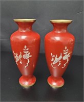 2 Brass Enamel Vases w/Mother of Pearl Inlays