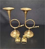 4 Brass Candlestick Holders: French Horn & Footed