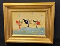 Rondeau, Whimsical Cats, Oil on Masonite, Signed