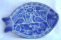 Artoisan Pottery Red Clay Blue White Fish Plate