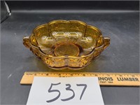 Amber Glass Bowl With Handles-Rose Design